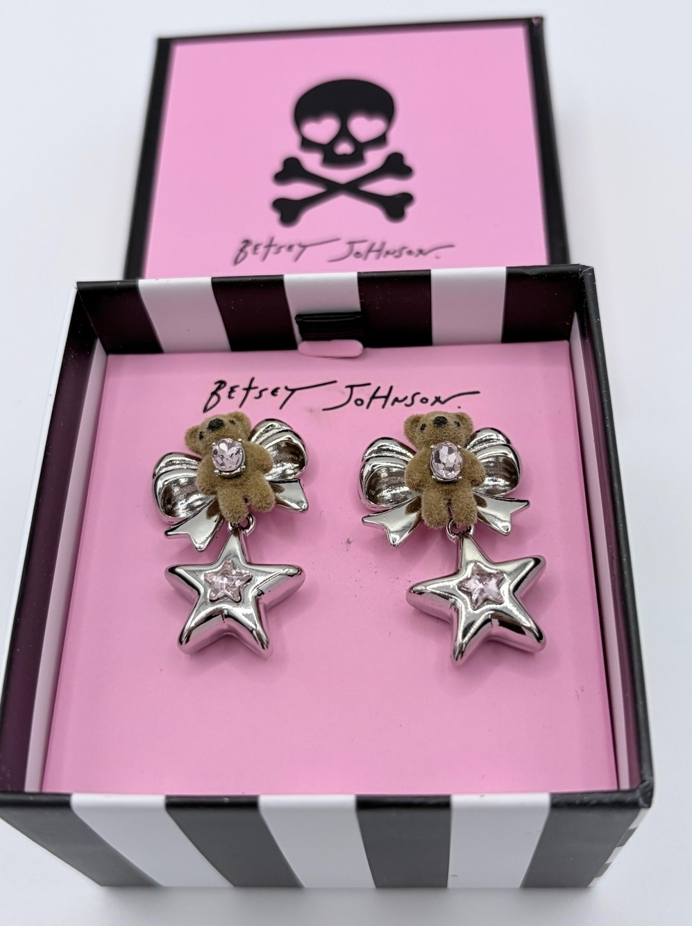Betsey Johnson Felted Teddy Bear Star Drop Earrings Rhodium Plated Pink Crystal